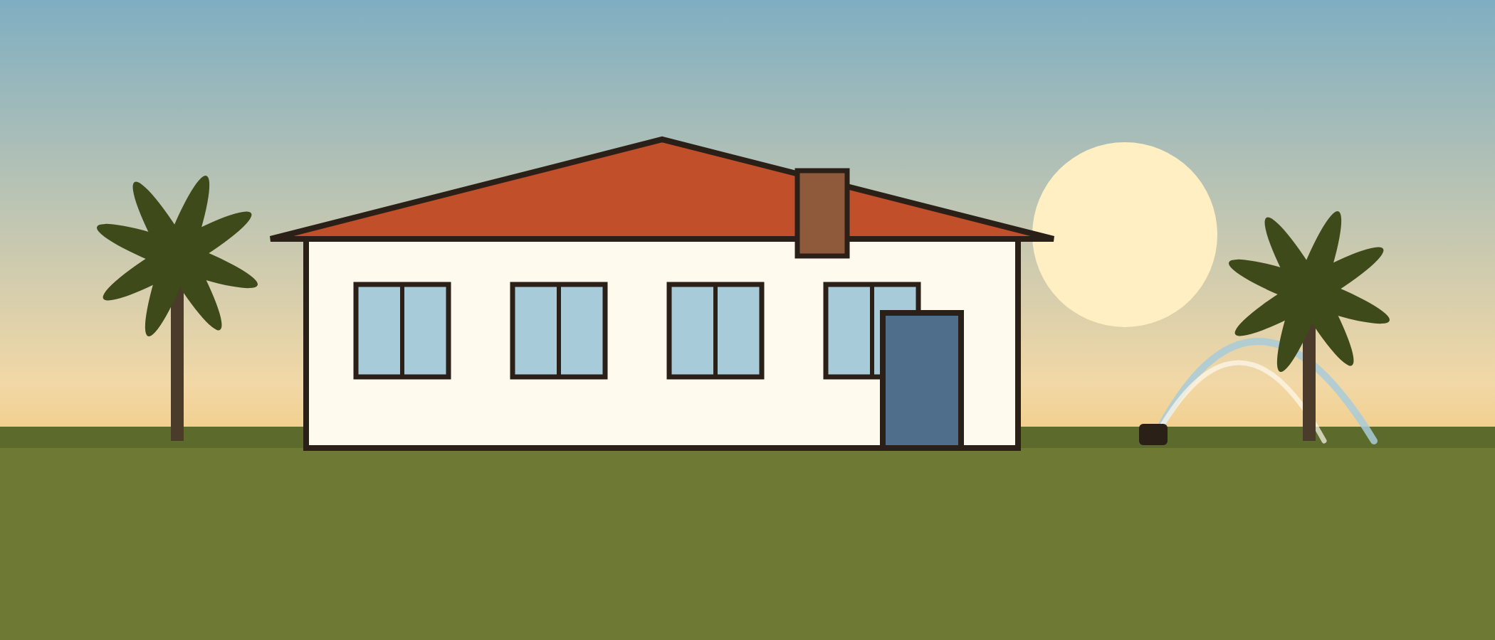 A ranch house at golden hour with a sprinkler caught mid-arc across the lawn.