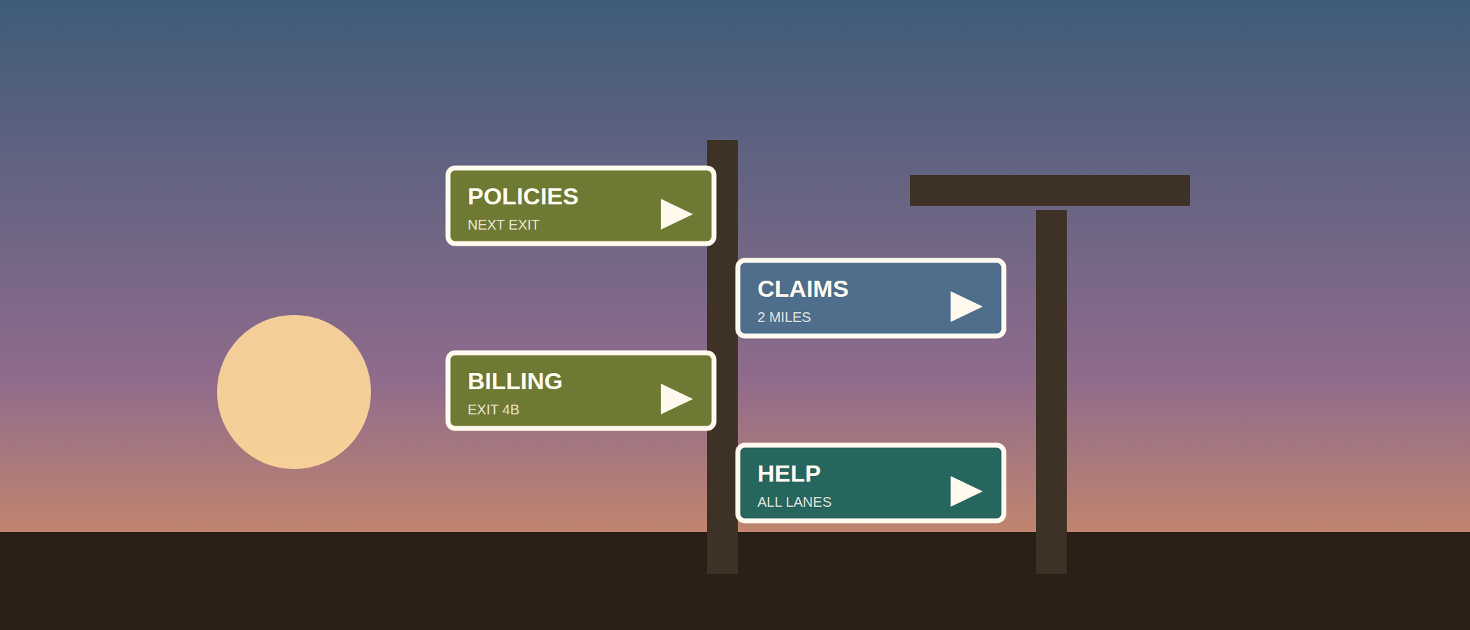 Stacked highway interchange signs against a dusk sky, reading Policies, Claims, Billing and Help.